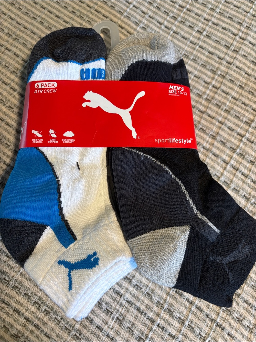 Puma Men's 6-Pack Quarter Crew Socks - Black, White, Blue, Gray